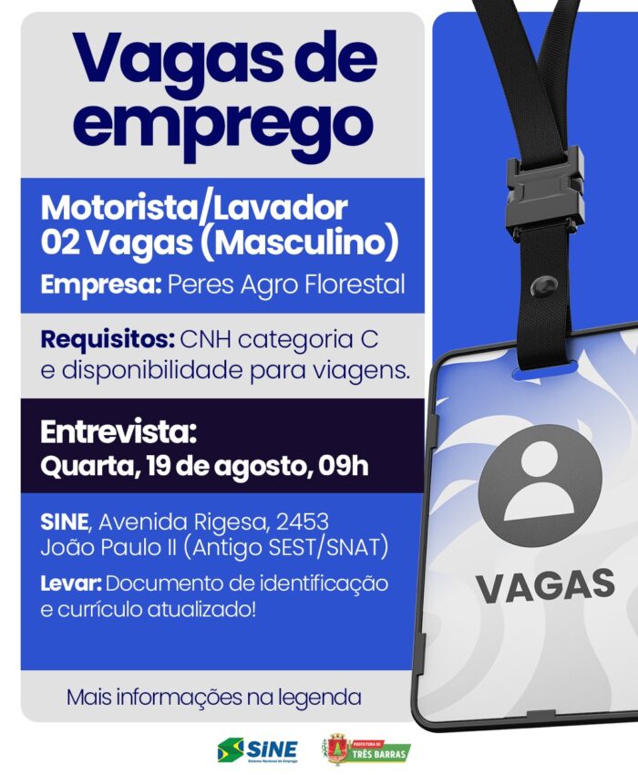 Três Barras: Empresa Peres Agro Florestal em parceria com o SINE disponibiliza seleções para o mercado de trabalho