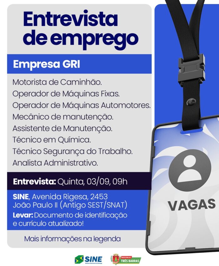 Oportunidade no mercado de trabalho: Empresa GRI realiza seleção de profissionais em Três Barras