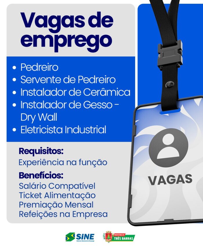 SINE de Três Barras dispõe de Vagas de Emprego