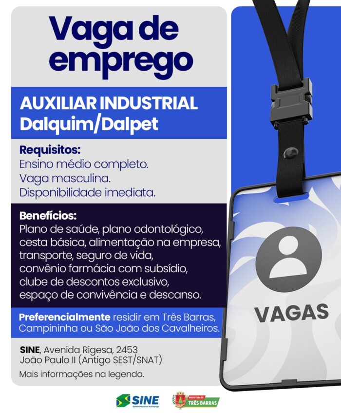 Atenção: Posto do SINE de Três Barras dispõe de Vaga de Emprego