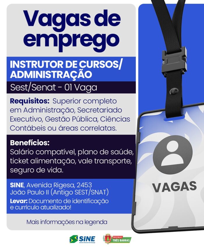 Atenção: Posto do SINE de Três Barras dispõe vaga de emprego