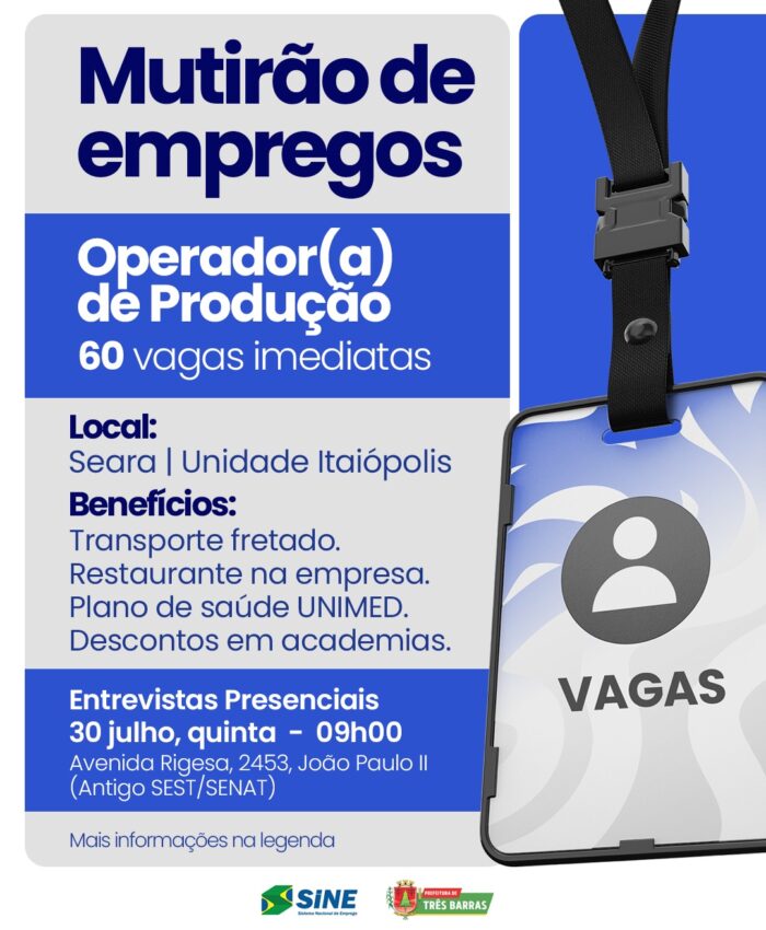 Mutirão oferece 60 vagas imediatas para Operador(a) de Produção