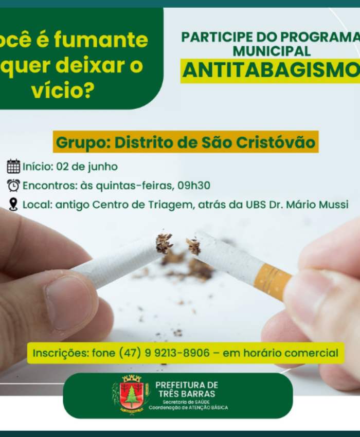 Abertas as inscrições para o programa municipal Antitabagismo em Três Barras