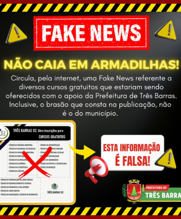 Alerta de Fake News sobre cursos gratuitos ofertados com o apoio da Prefeitura de Três Barras