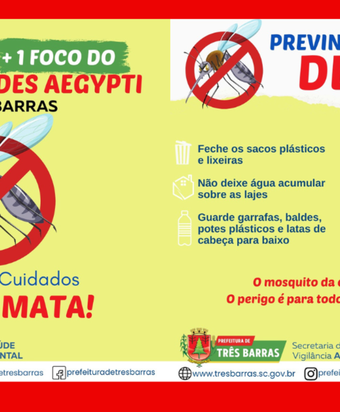 Alerta: novo foco do mosquito transmissor da dengue é identificado em Três Barras
