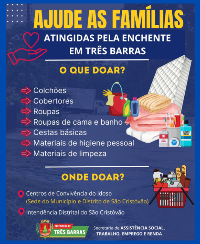 Assistência Social de Três Barras está recebendo doações para os afetados pela enchente