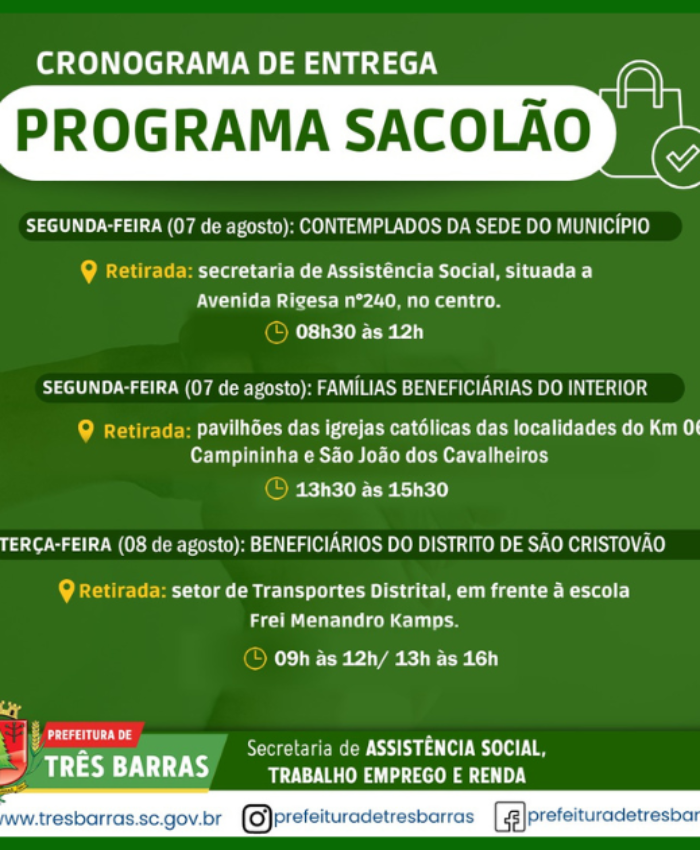 Atenção beneficiários: sacolões serão entregues na segunda e terça, dias 07 e 08 de agosto