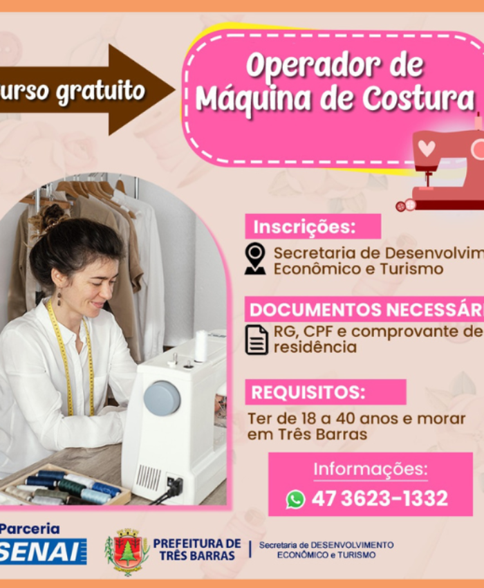 Atenção: inscrições abertas para curso gratuito de Operador de Máquina de Costura