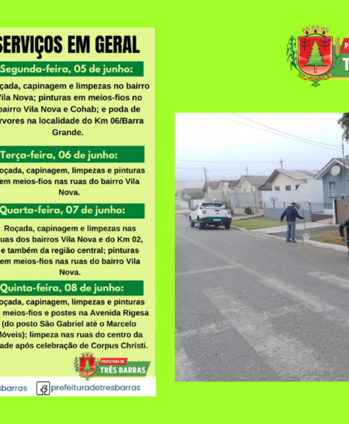 Atenção para o cronograma semanal de trabalhos da secretaria de Urbanismo e Limpeza Pública