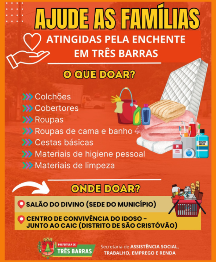 Atenção: Salão do Divino e Centro de Convivência do Idoso do São Cristóvão concentram o recebimento de donativos em Três Barras