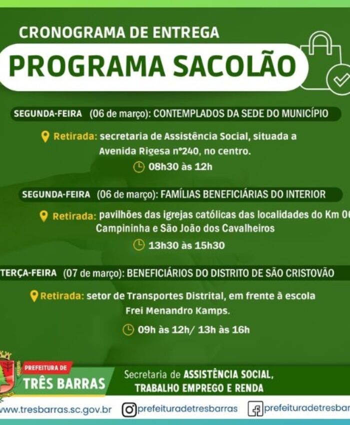 Beneficiários receberão sacolões na próxima segunda e terça-feira