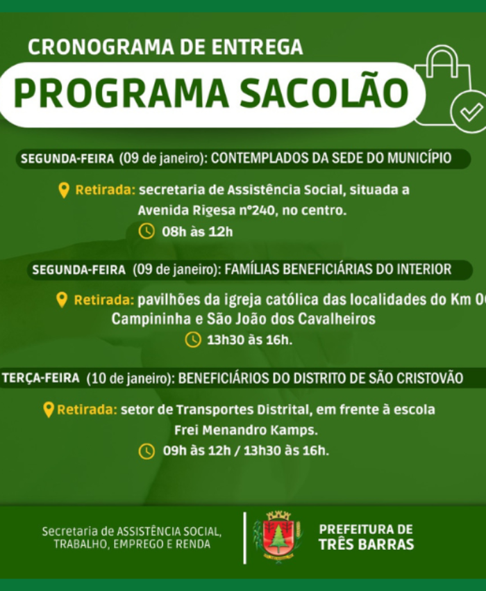 Beneficiários receberão sacolões na próxima segunda e terça-feira em Três Barras
