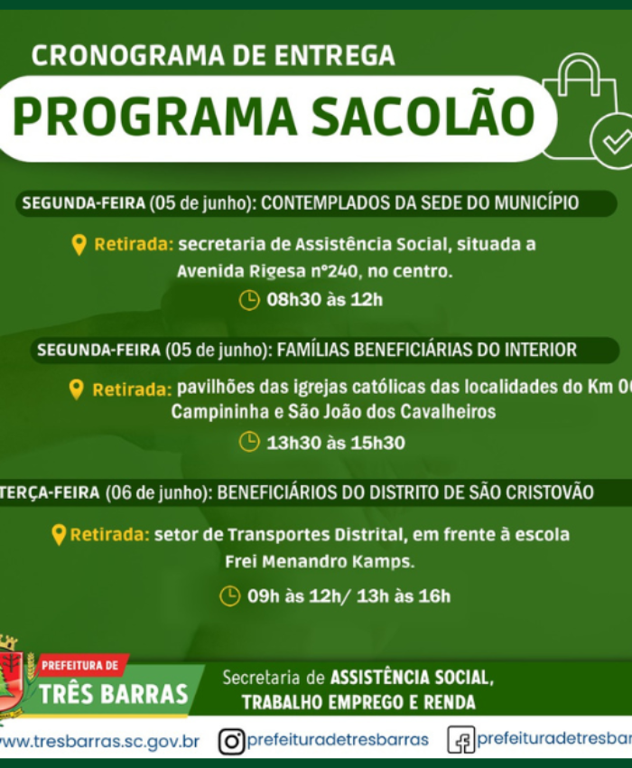 Beneficiários receberão sacolões na próxima segunda e terça-feira em Três Barras