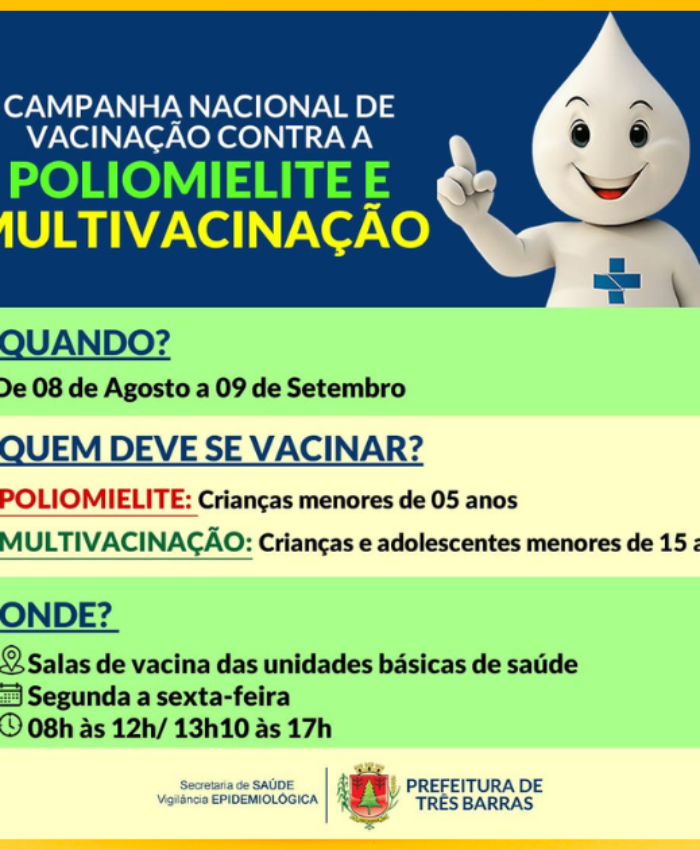 Campanha Nacional de Vacinação contra a Poliomielite e Multivacinação começa na segunda, 08
