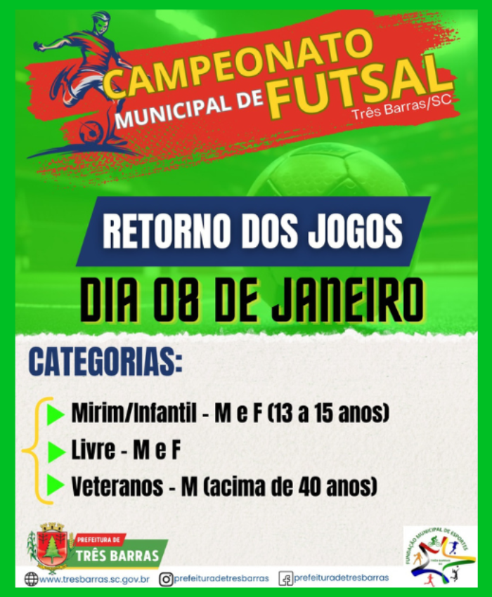 Campeonato Municipal de Futsal de Três Barras será retomado no dia 08 de janeiro; competição foi paralisada em outubro