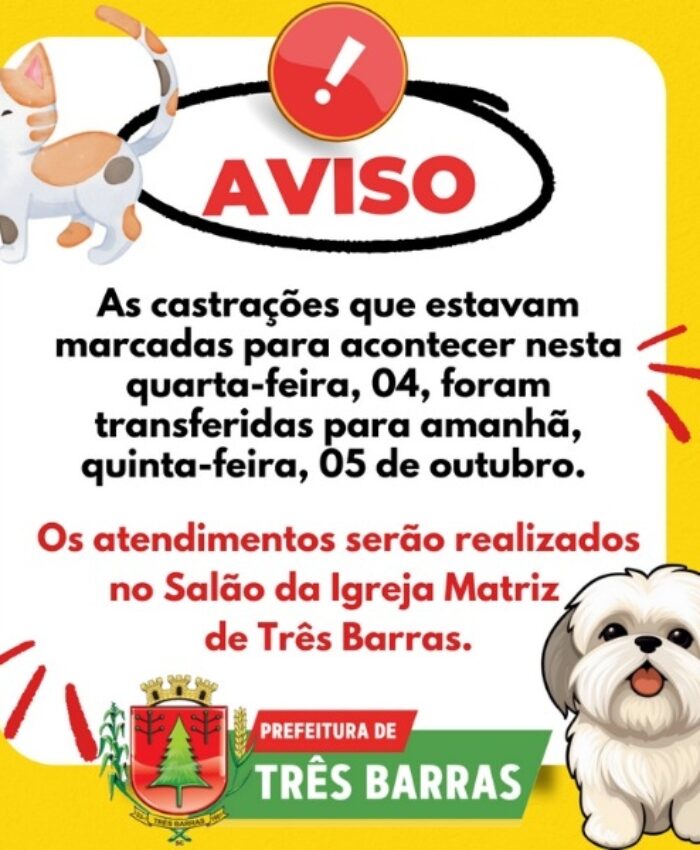 CASTRAÇÕES ACONTECEM NESTA QUINTA-FEIRA, 05, NO SALÃO DA IGREJA MATRIZ DE TRÊS BARRAS