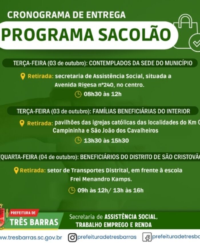 CESTAS BÁSICAS DO PROGRAMA SACOLÃO SERÃO ENTREGUES NA TERÇA E QUARTA-FEIRA, DIAS 03 E 04 DE OUTUBRO