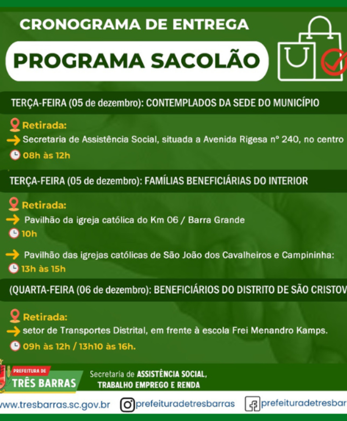 Cestas básicas do programa Sacolão serão entregues na próxima semana em Três Barras