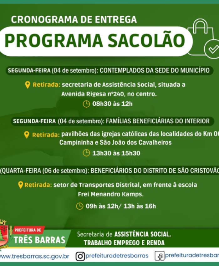 Cestas básicas do programa Sacolão serão entregues na segunda e quarta-feira, dias 06 e 08 de setembro