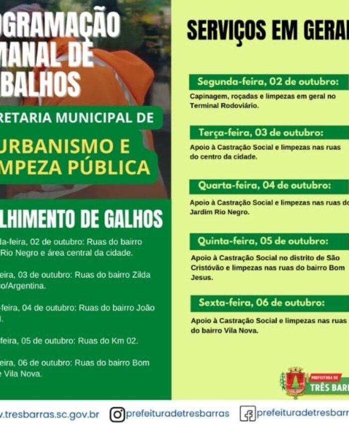 CONFIRA A PROGRAMAÇÃO SEMANAL DE TRABALHOS DA SECRETARIA DE URBANISMO E LIMPEZA PÚBLICA