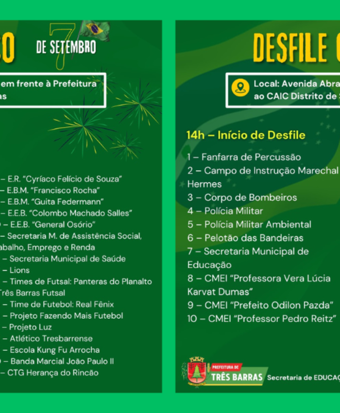 Confira a programação dos dois desfiles cívicos do dia 07 de setembro em Três Barras