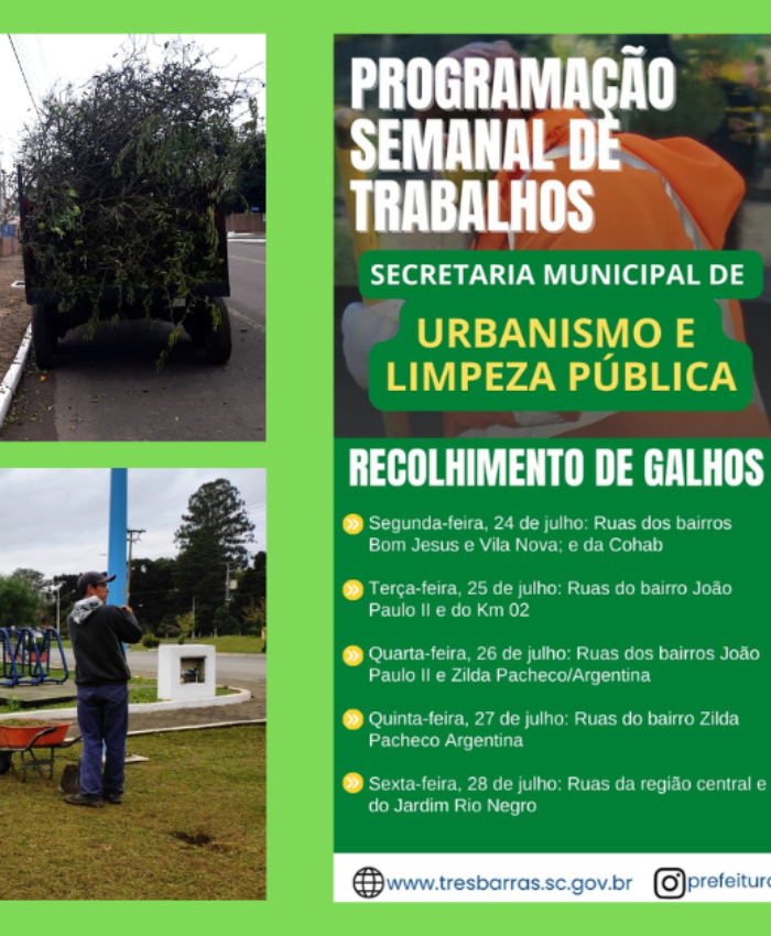 Confira a programação semanal de trabalhos da secretaria de Urbanismo e Limpeza Pública