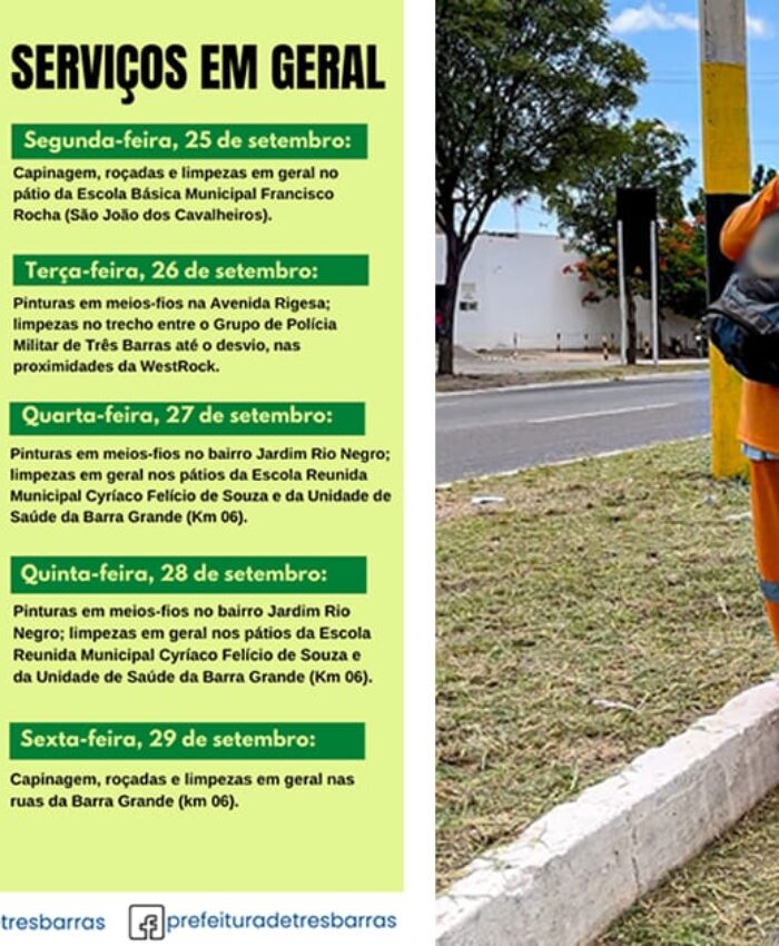 Confira a programação semanal de trabalhos da secretaria de urbanismo e limpeza pública