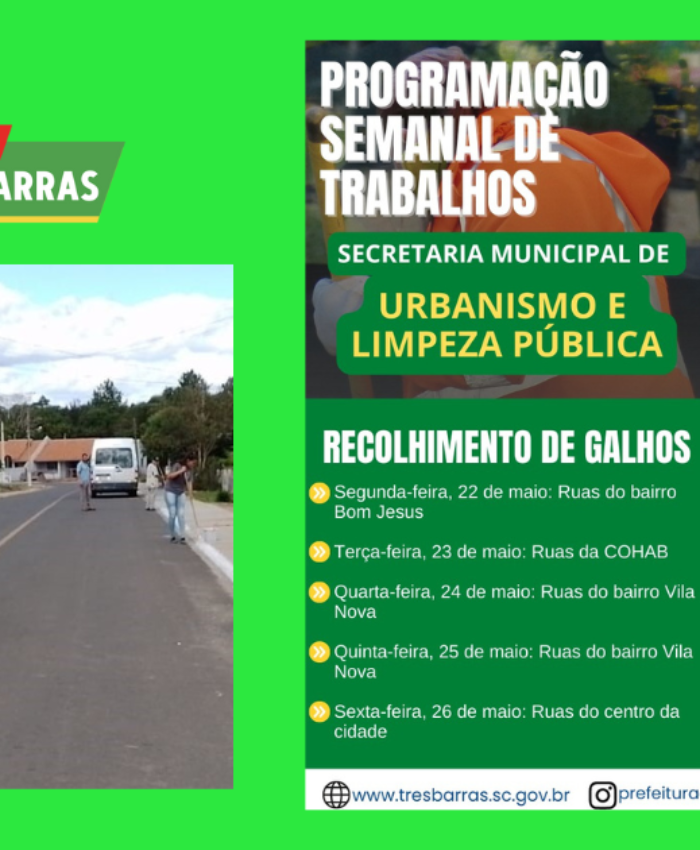 Confira o cronograma de atividades semanal da secretaria municipal de Urbanismo e Limpeza Pública