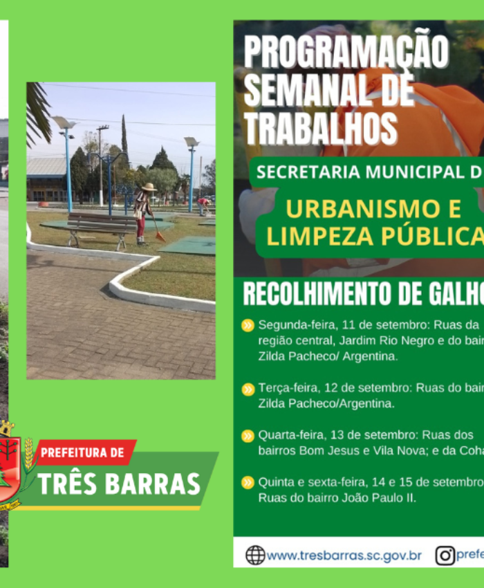 Confira o cronograma de trabalho semanal da secretaria municipal de Urbanismo e Limpeza Pública