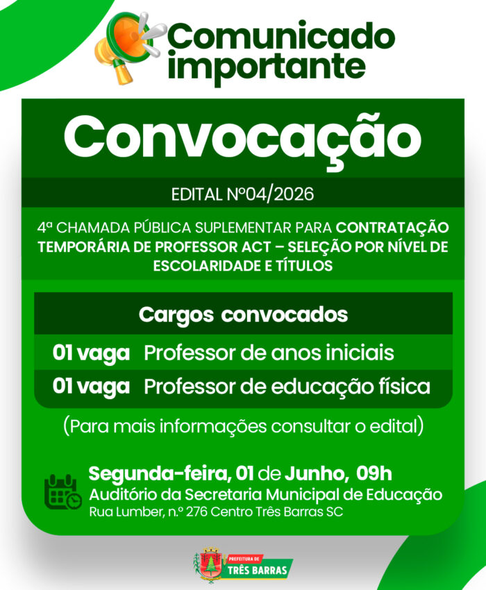 Três Barras divulga 4ª Chamada Pública Suplementar para contratação temporária de Professor ACT