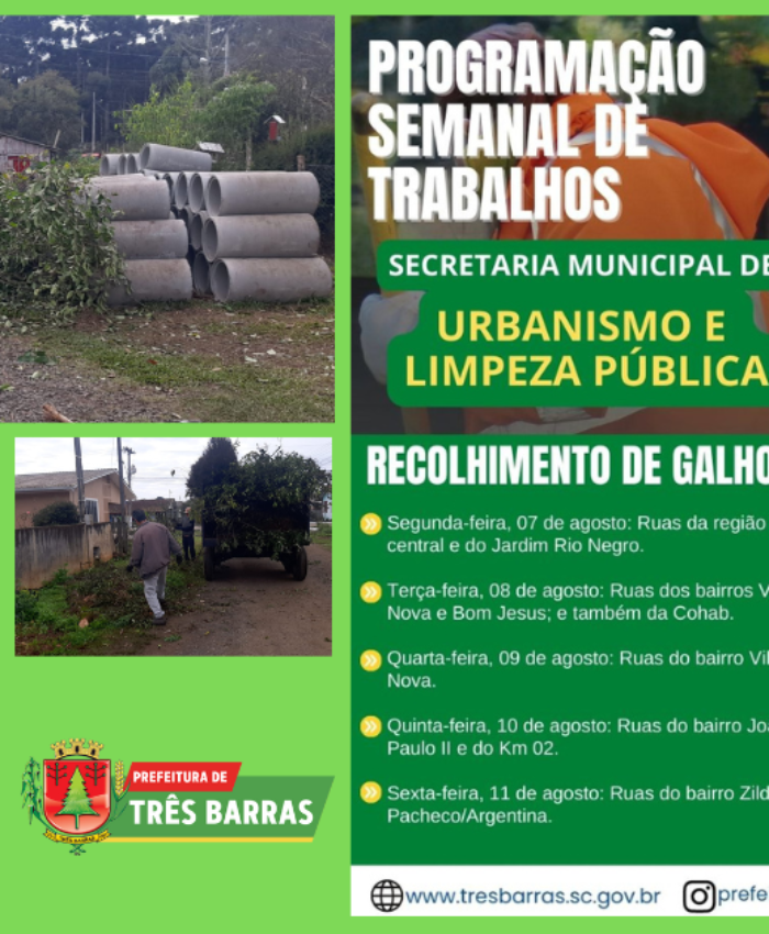 Cronograma de ações da secretaria de Urbanismo e Limpeza Pública para esta semana