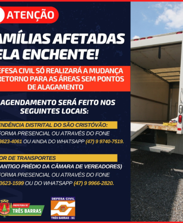 Defesa Civil prepara a volta para casa de famílias desalojadas em Três Barras; mudanças serão agendadas