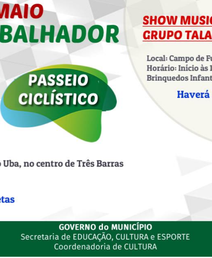 Dia do Trabalhador terá passeio ciclístico no centro e show musical no distrito de São Cristóvão