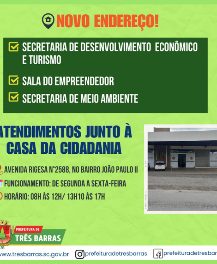 Duas secretarias municipais e a Sala do Empreendedor de Três Barras estão atendendo em novo endereço