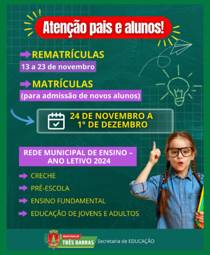 Educação de Três Barras divulga calendário para matrículas e rematrículas na rede municipal de ensino