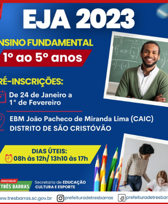 EJA abrirá, dia 24 de janeiro, pré-inscrições para alunos do 1° ao 5° anos