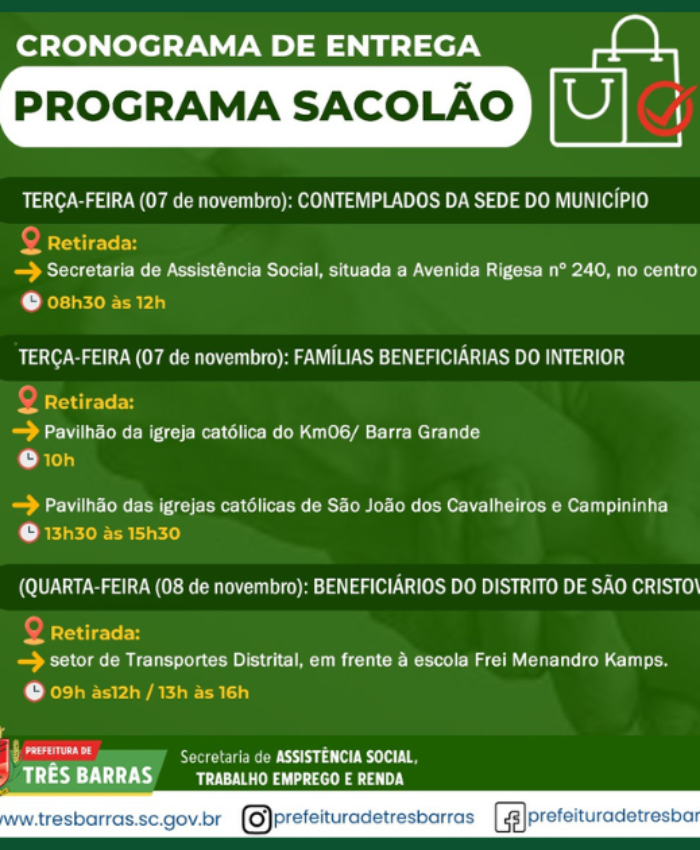 Entrega das cestas básicas do programa Sacolão acontece nos dias 07 e 08 de novembro