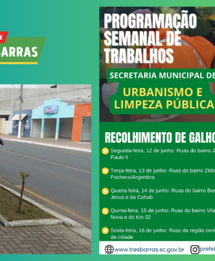 Fique atento à programação semanal de trabalhos da secretaria municipal de Urbanismo e Limpeza Pública
