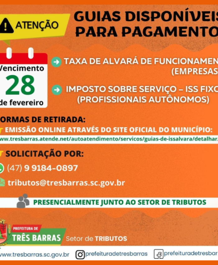 GUIAS DE TAXAS DE ALVARÁ DE FUNCIONAMENTO E DO ISS FIXO JÁ ESTÃO DISPONÍVEIS AOS CONTRIBUINTES