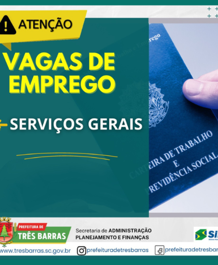 Há 03 vagas permanentes de serviços gerais disponíveis no SINE de Três Barras