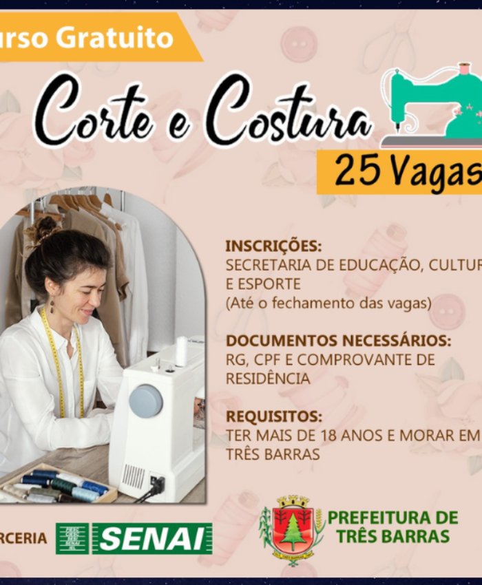 Inscrições abertas para curso de corte e costura gratuito em Três Barras