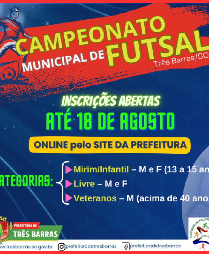 Inscrições abertas para o campeonato municipal de Futsal de Três Barras