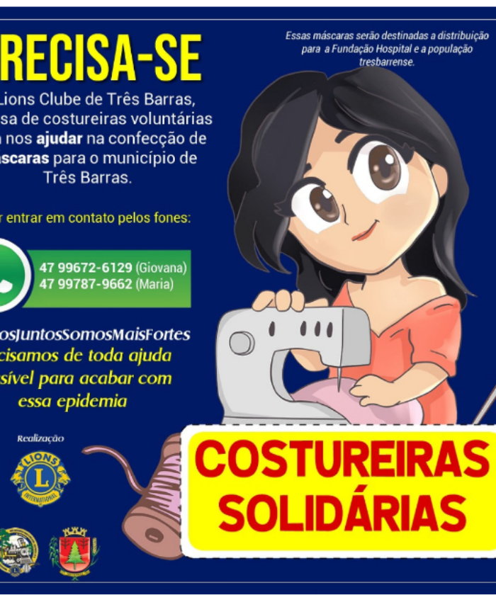Lions Clube de Três Barras e Prefeitura buscam costureiras voluntárias para a confecção de máscaras caseiras
