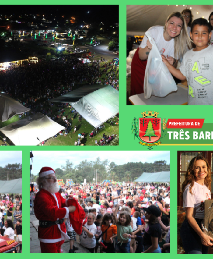 Mais de 4 mil pessoas acompanham a festividade do Natal Luz no centro de Três Barras; quase 2,1 mil crianças foram presenteadas