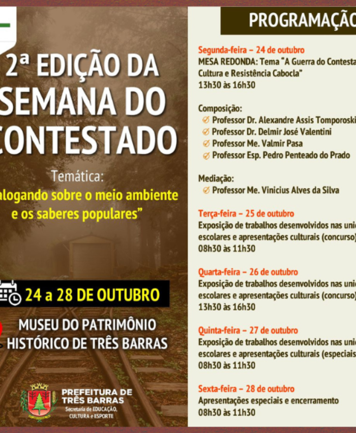 Mesa redonda, exposição de trabalhos e apresentações culturais serão atrações da 2ª Semana do Contestado