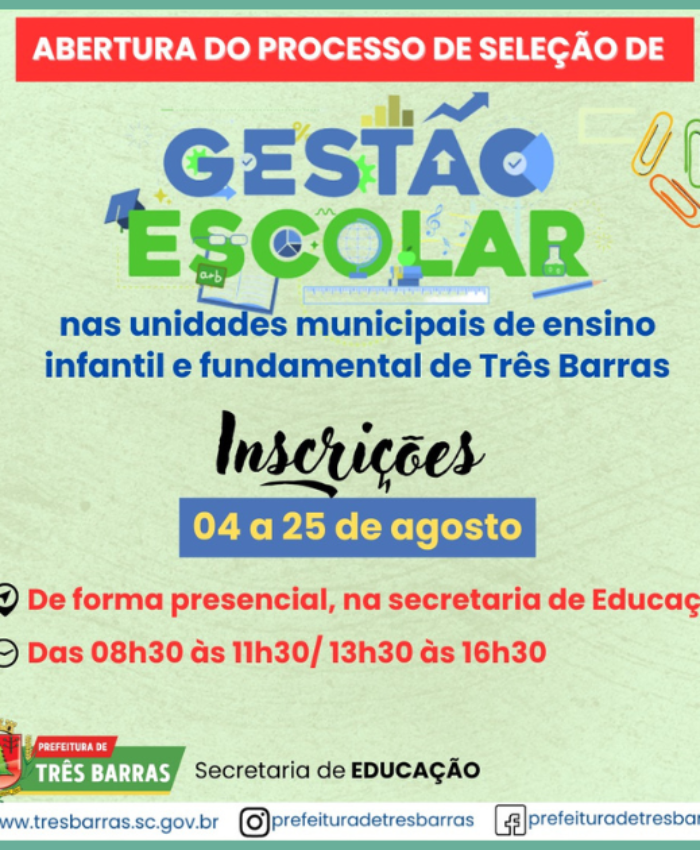 Município de Três Barras lança edital para processo de seleção do Plano de Gestão Escolar para unidades de ensino infantil e fundamental