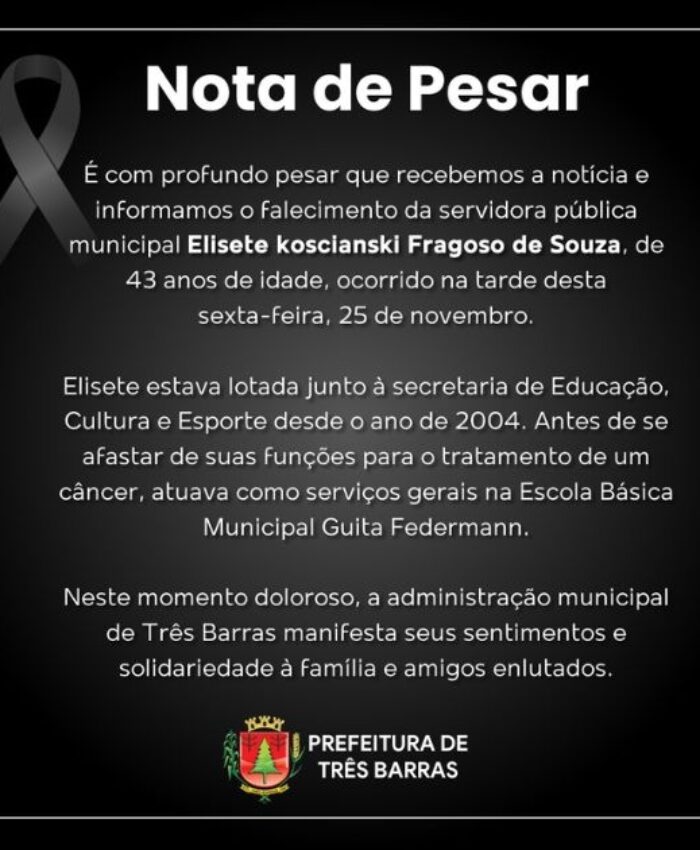 Nota de pesar pelo falecimento da servidora pública municipal Elisete koscianski Fragoso de Souza