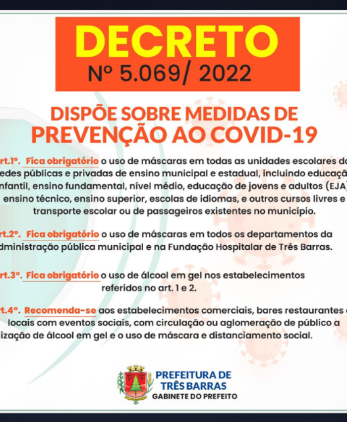 Novo decreto obriga o uso de máscara em unidades de ensino e em todos os departamentos municipais
