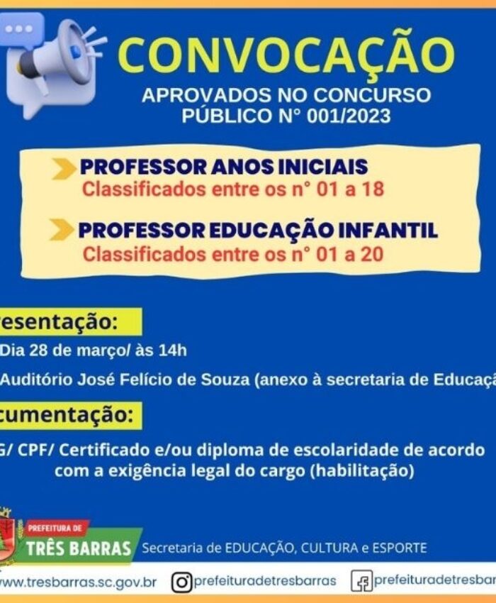 Prefeitura convoca professores de anos iniciais e educação infantil aprovados em concurso público em Três Barras