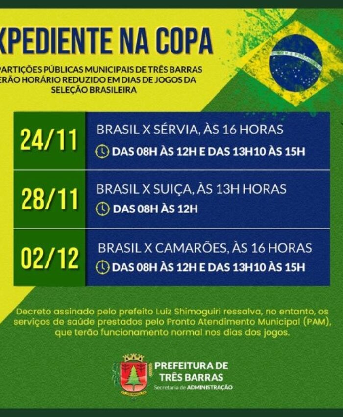Prefeitura de Três Barras altera expediente em dias de jogos da Seleção Brasileira